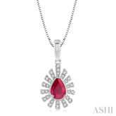 6x4 MM Bar Accent Pear Shape Ruby and 1/8 ctw Round Cut Diamond Precious Pendant With Chain in 10K White Gold